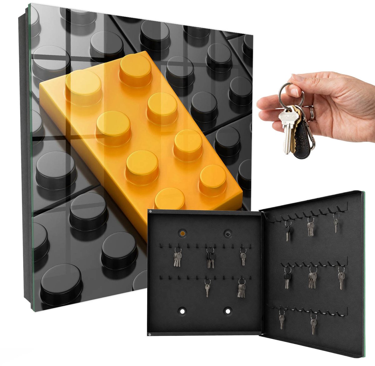 WallMuralia - Sleutelkast - 30x30x5 cm - met 50 haken - Geel Blok Sleutelkastje Design - Geel Sleutelbox - Rechtsopenend - Zwart interieur