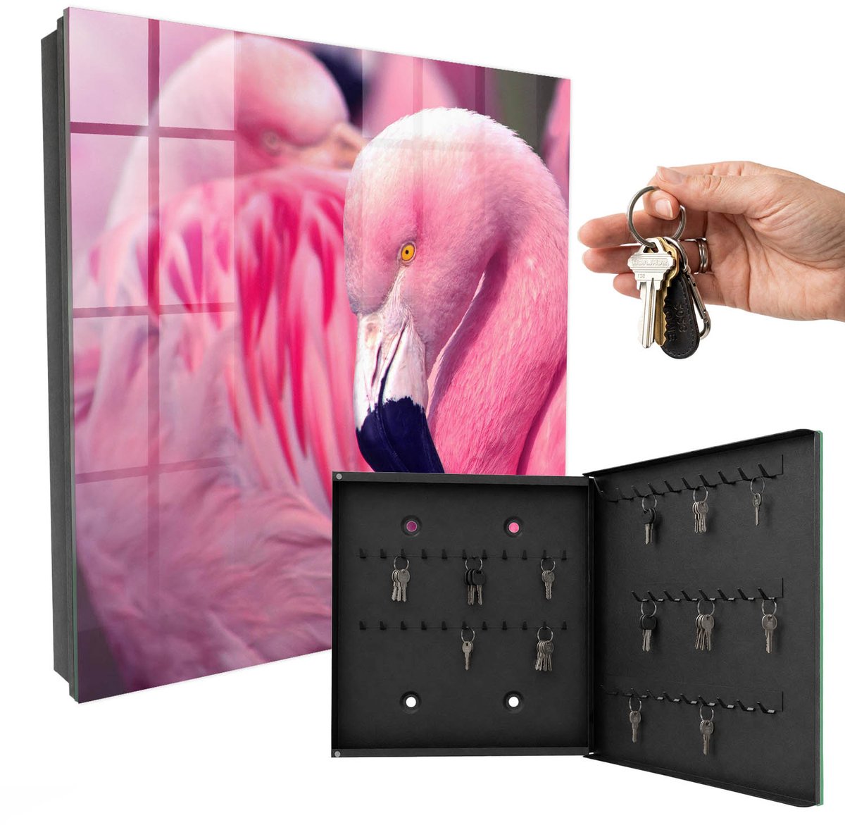 WallMuralia - Sleutelkast - 30x30x5 cm - met 50 haken - Roze Schoonheid Sleutelkastje Modern - Roze Sleutelbox - Rechtsopenend - Zwart interieur