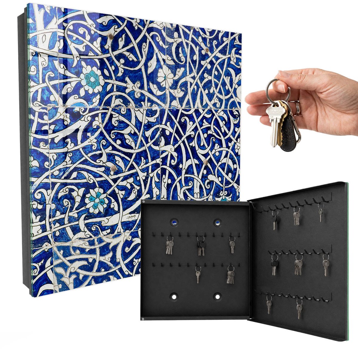 WallMuralia - Sleutelkast - 30x30x5 cm - met 50 haken - Blauwe Arabesk Sleutelkastje Klein - Blauw Sleutelbox - Rechtsopenend - Zwart interieur
