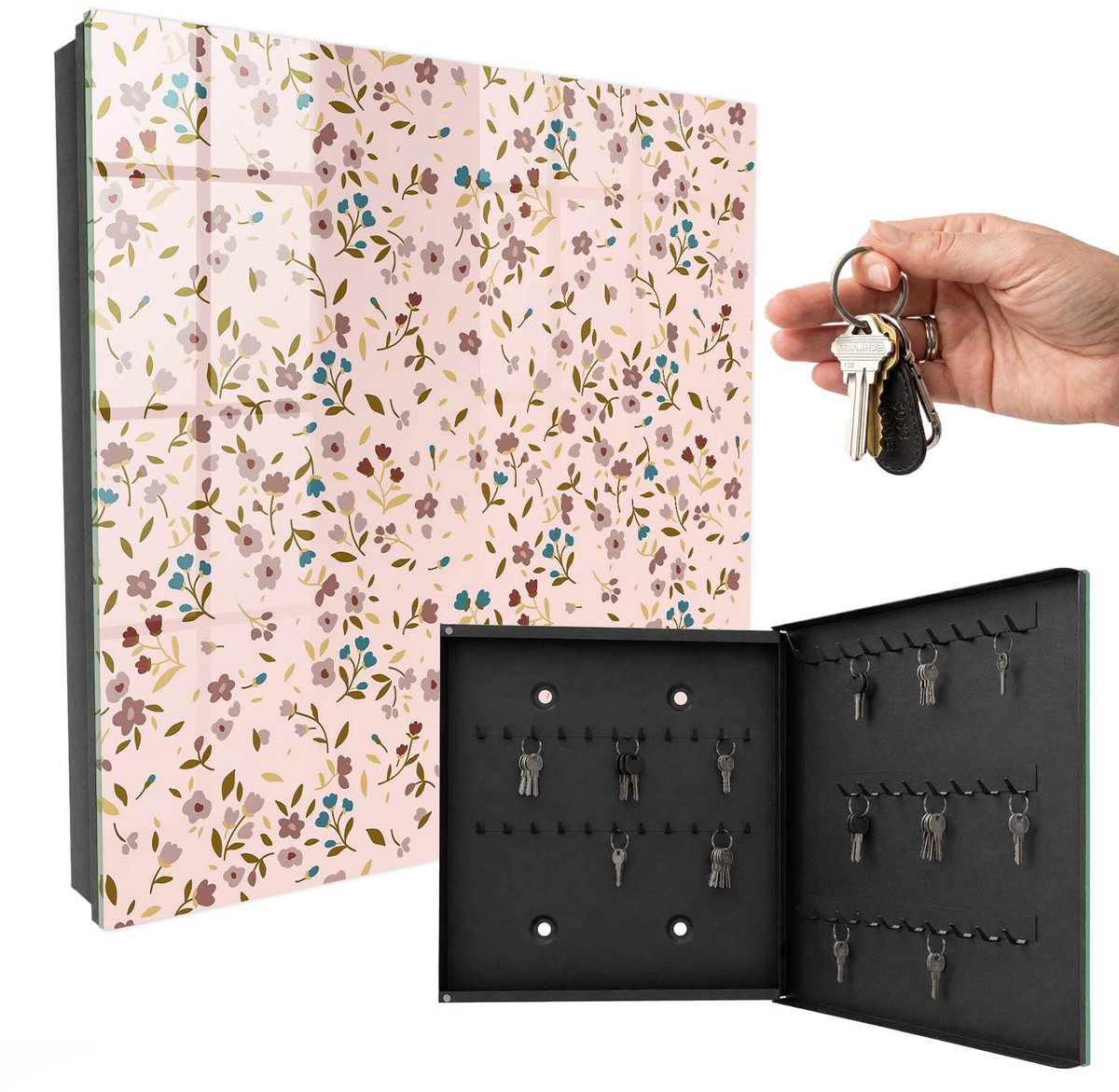 WallMuralia - Sleutelkast - 30x30x5 cm - met 50 haken - Bloemenpatroon Groot Sleutelkastje - Roze Sleutelbox - Rechtsopenend - Zwart interieur