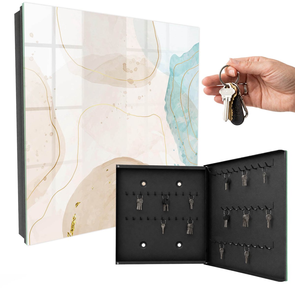 WallMuralia - Sleutelkast - 30x30x5 cm - met 50 haken - Subtiele Abstractie Sleutelkastje Design - Beige Sleutelbox - Rechtsopenend - Zwart interieur