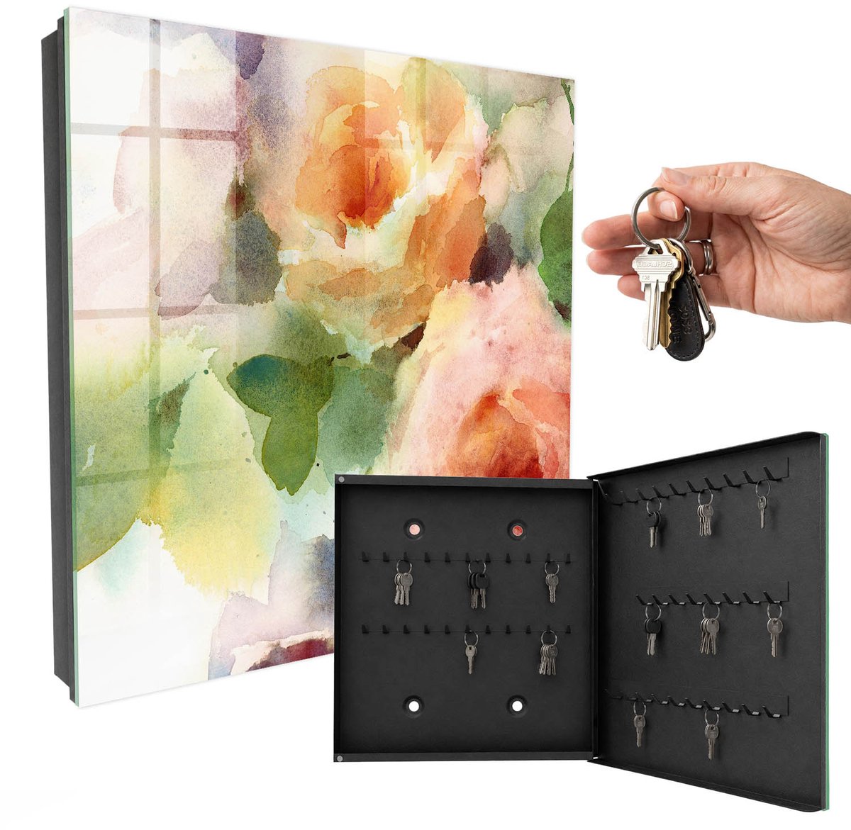 WallMuralia - Sleutelkast - 30x30x5 cm - met 50 haken - Bloemenmotief Sleutelkastje Modern - Groente Sleutelbox - Rechtsopenend - Zwart interieur