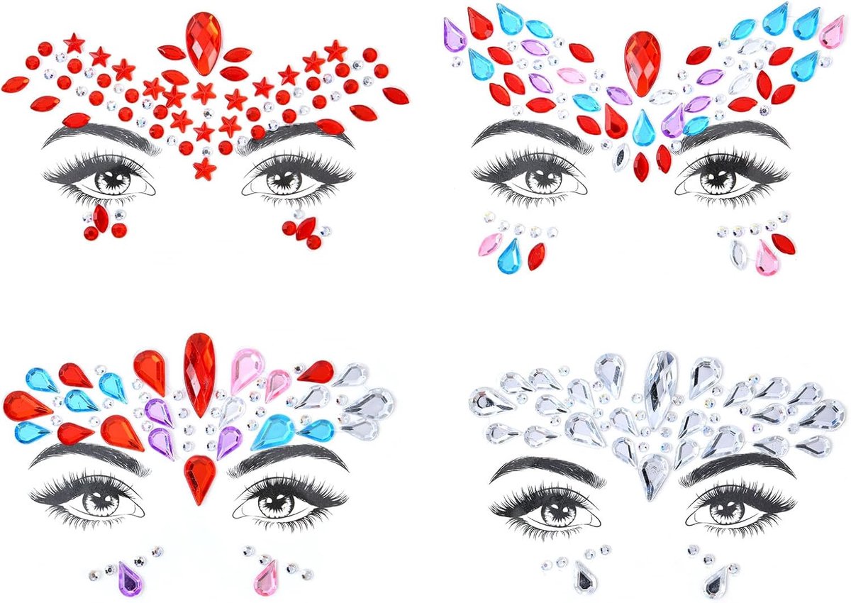 Gezicht Gems Glitter, Gezicht Glitter Festival Gezichtsstickers Set voor Muziekfestival Vakantiefeest, Zelfklevende Strass Tijdelijke Tatoeages Festival Halloween Decoraties