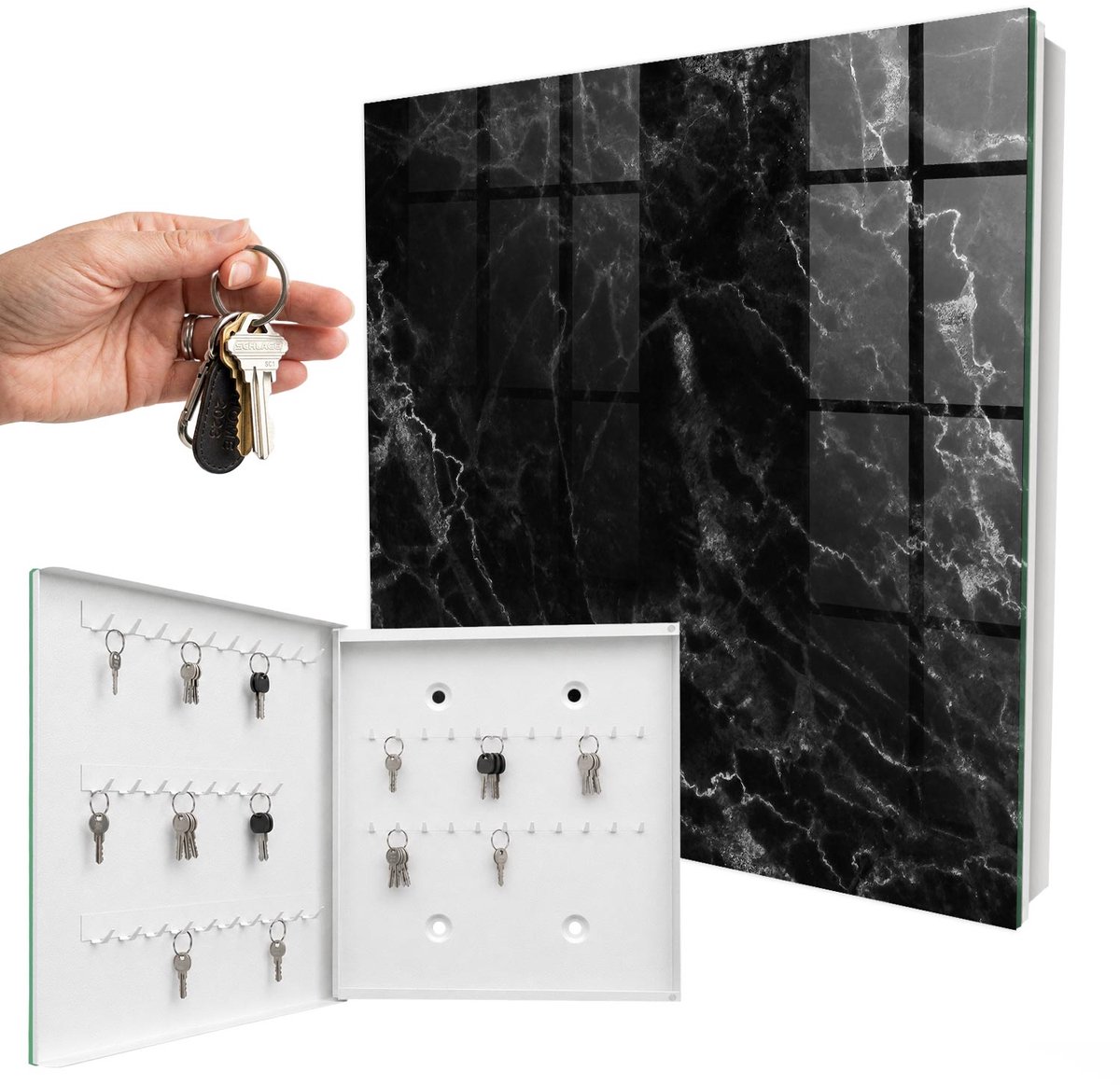 WallMuralia - Sleutelkast - 30x30x5 cm - met 50 haken - Marmerpatroon Sleutelkastje Voor Binnen - Zwart Sleutelbox - Linksopenend - Wit interieur