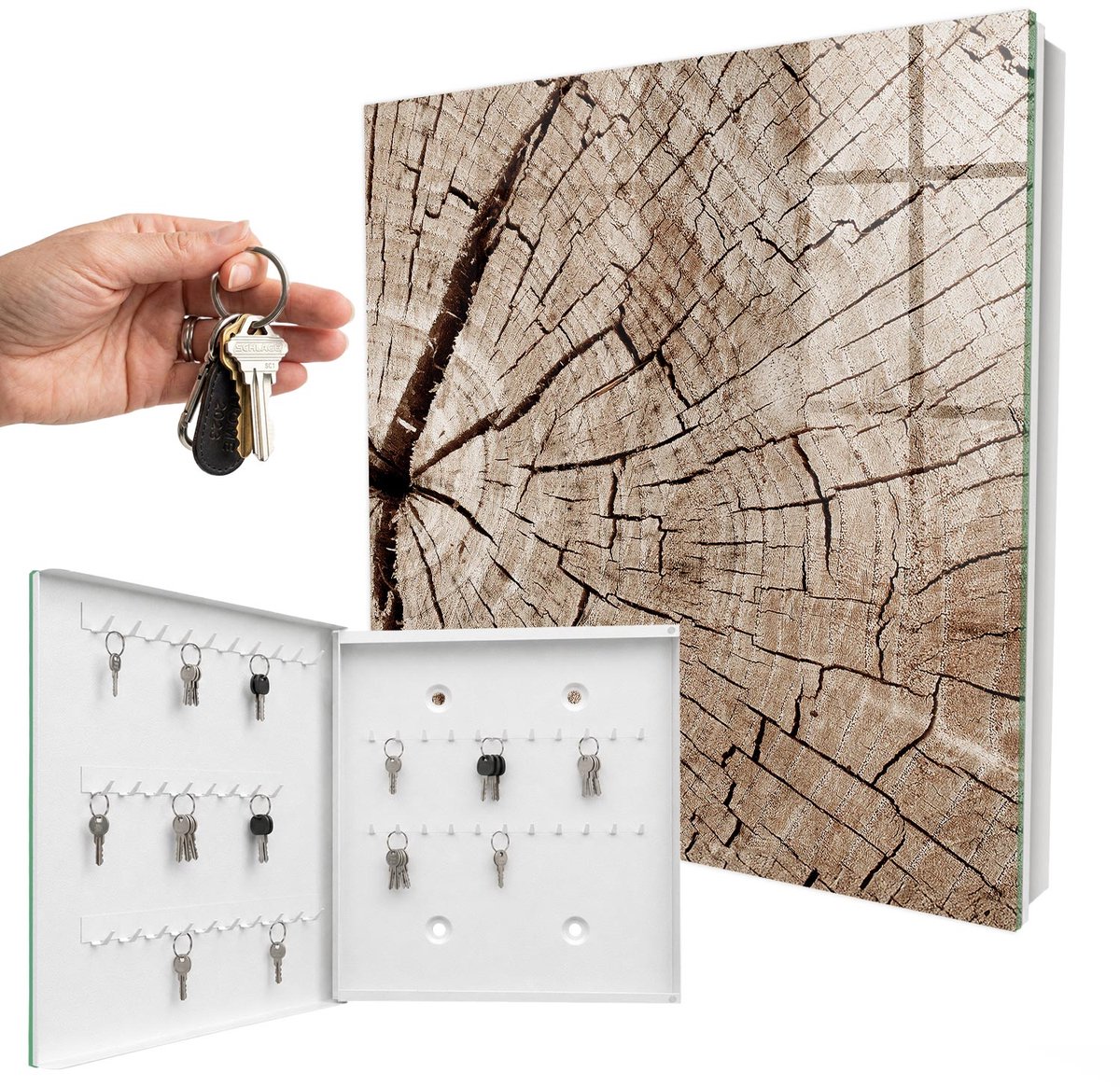 WallMuralia - Sleutelkast - 30x30x5 cm - met 50 haken - Houtnerf Leuk Sleutelkastje - Bruin Sleutelbox - Linksopenend - Wit interieur
