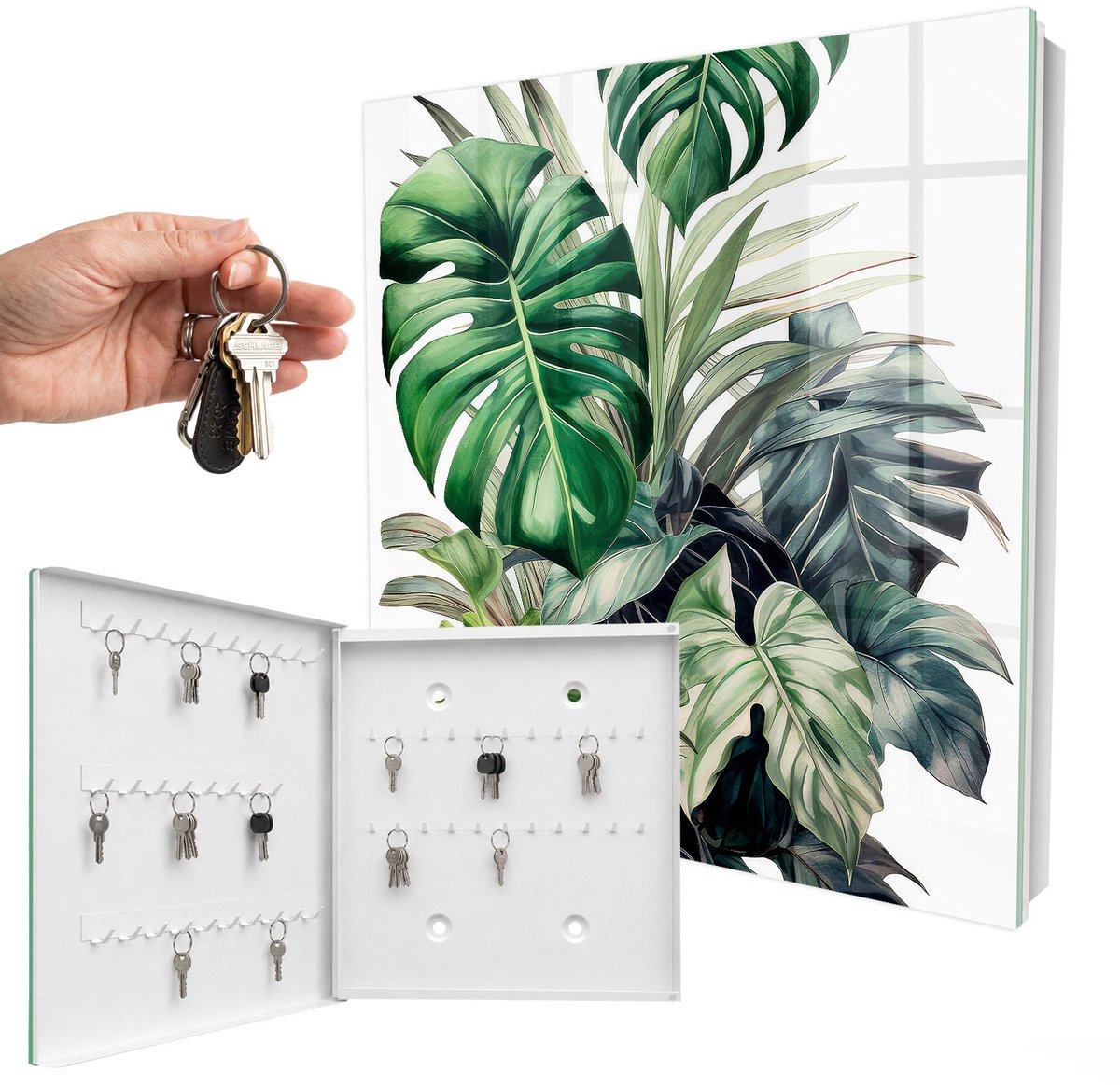 WallMuralia - Sleutelkast - 30x30x5 cm - met 50 haken - Exotische Bladeren Sleutelkastje Landelijk - Groente Sleutelbox - Linksopenend - Wit interieur