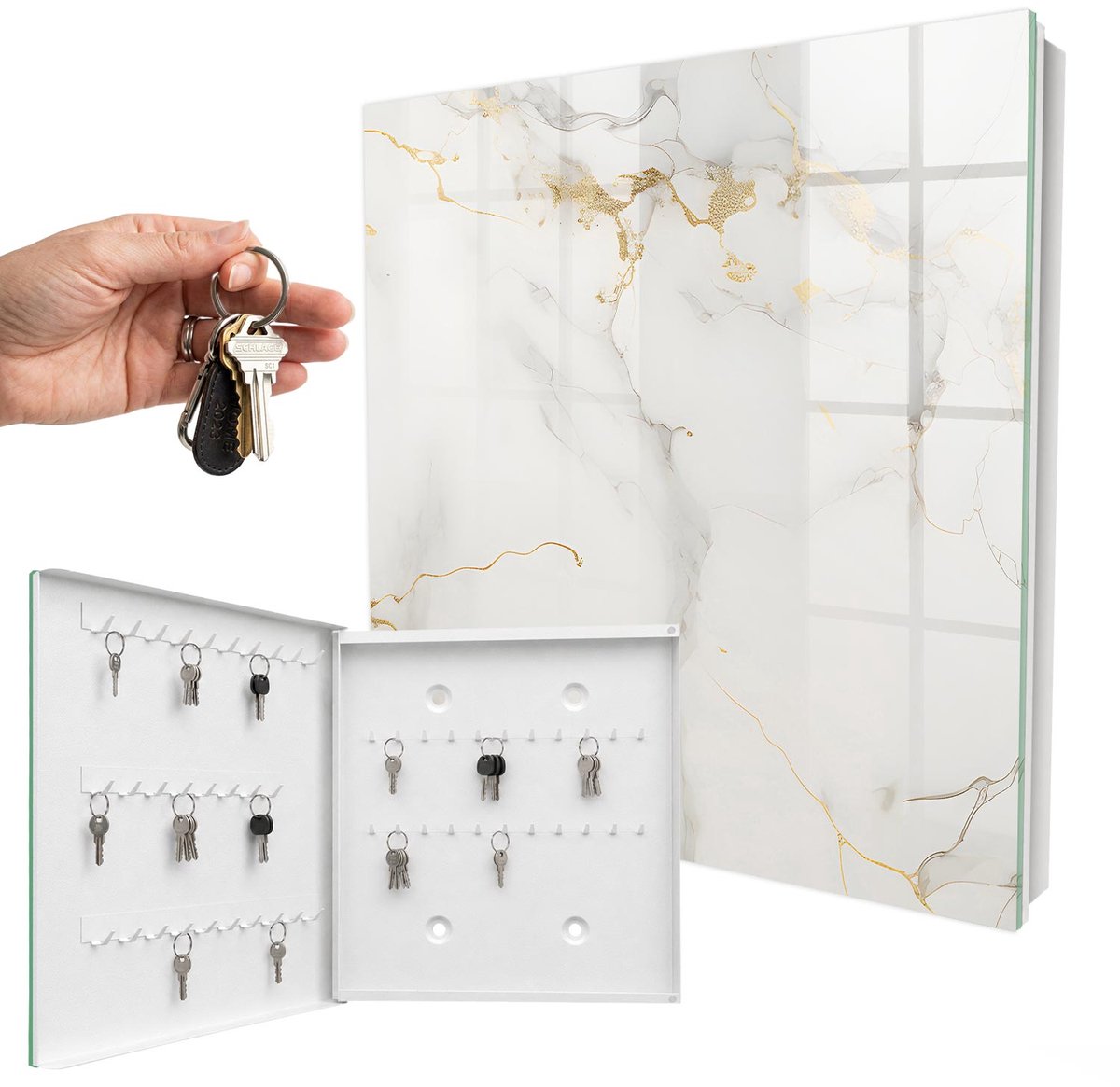 WallMuralia - Sleutelkast - 30x30x5 cm - met 50 haken - Elegante Achtergrond Sleutelkastje Muur - Wit Sleutelbox - Linksopenend - Wit interieur