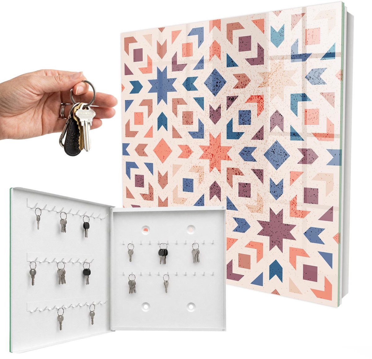 WallMuralia - Sleutelkast - 30x30x5 cm - met 50 haken - Geometrisch Patroon Sleutelkastje Huis - Beige Sleutelbox - Linksopenend - Wit interieur