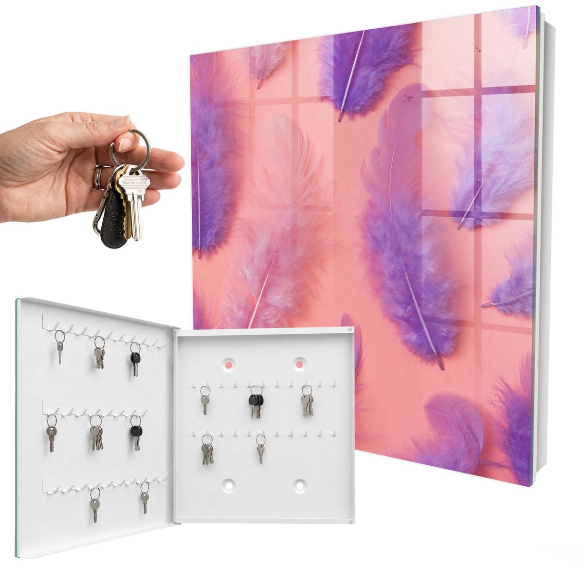 WallMuralia - Sleutelkast - 30x30x5 cm - met 50 haken - Paarse Veren Design Sleutelkastje - Paars Sleutelbox - Linksopenend - Wit interieur