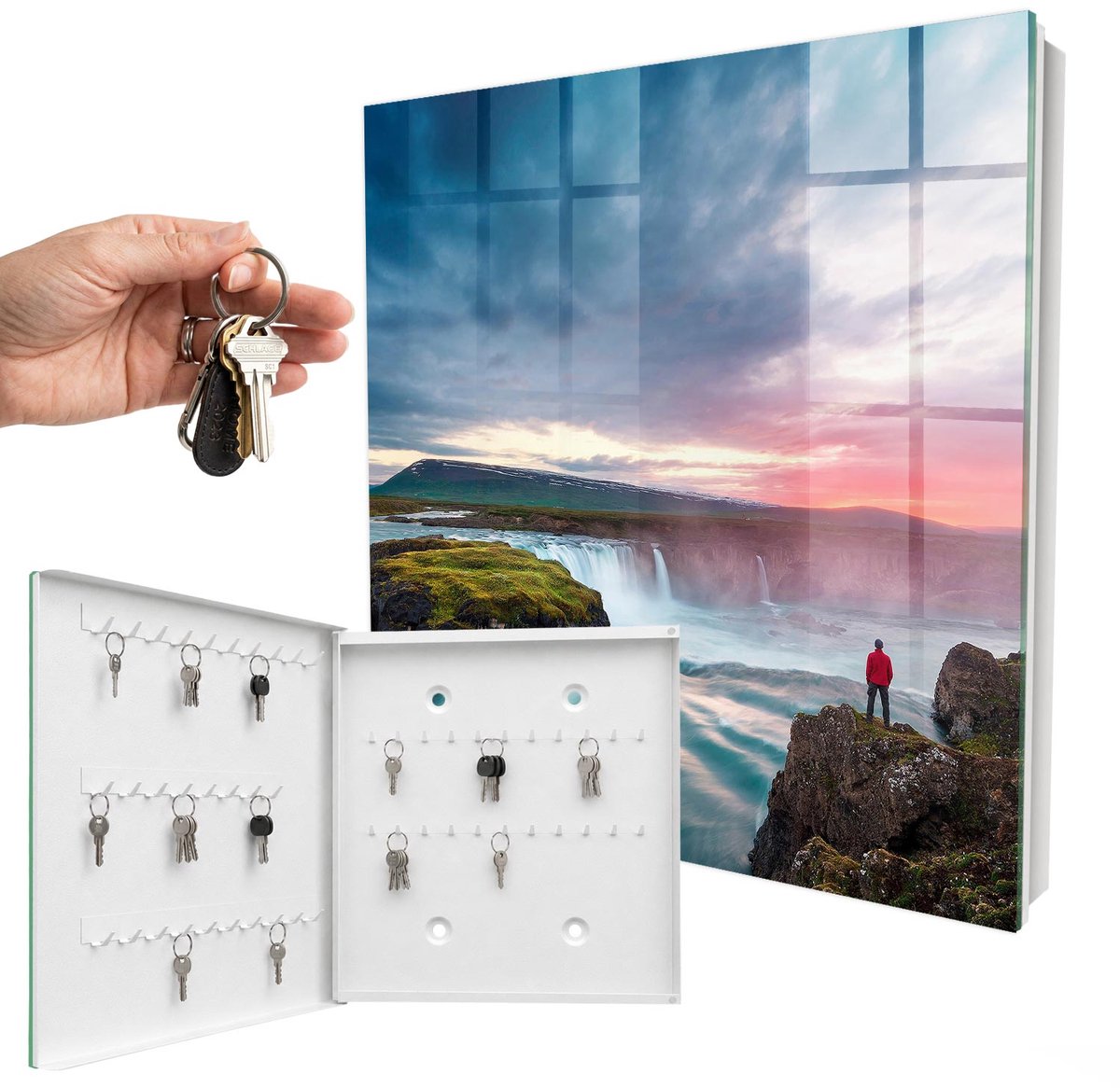 WallMuralia - Sleutelkast - 30x30x5 cm - met 50 haken - De Kracht Van De Natuur Sleutelkastje Design - Blauw Sleutelbox - Linksopenend - Wit interieur