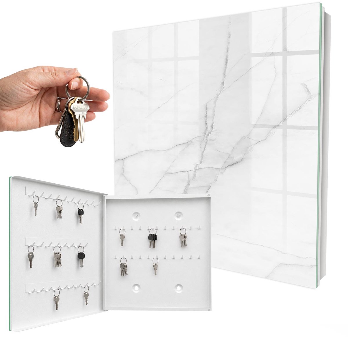 WallMuralia - Sleutelkast - 30x30x5 cm - met 50 haken - Marmeren Elegantie Design Sleutelkastje - Wit Sleutelbox - Linksopenend - Wit interieur
