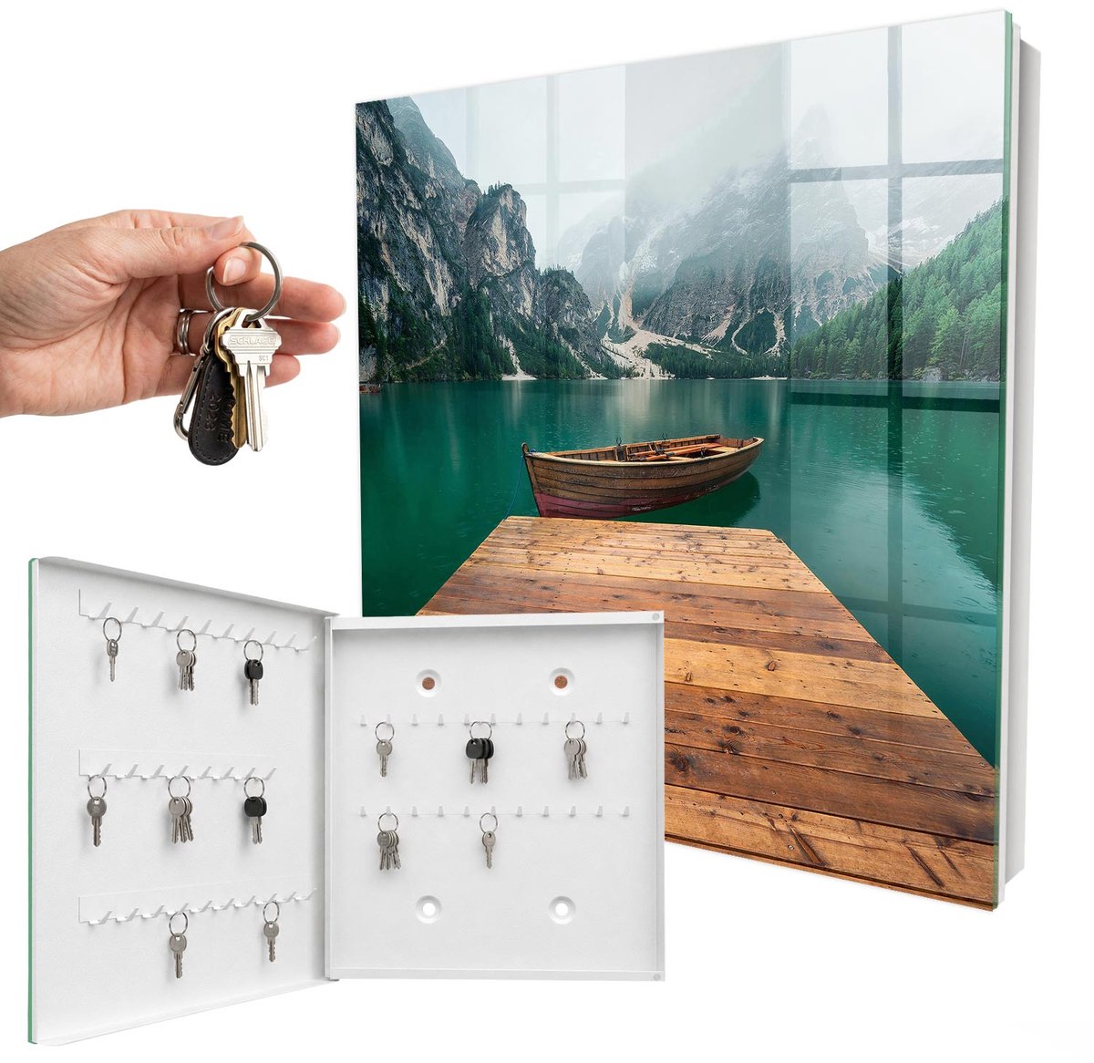 WallMuralia - Sleutelkast - 30x30x5 cm - met 50 haken - Bergmeer Sleutelkastje Modern - Groente Sleutelbox - Linksopenend - Wit interieur