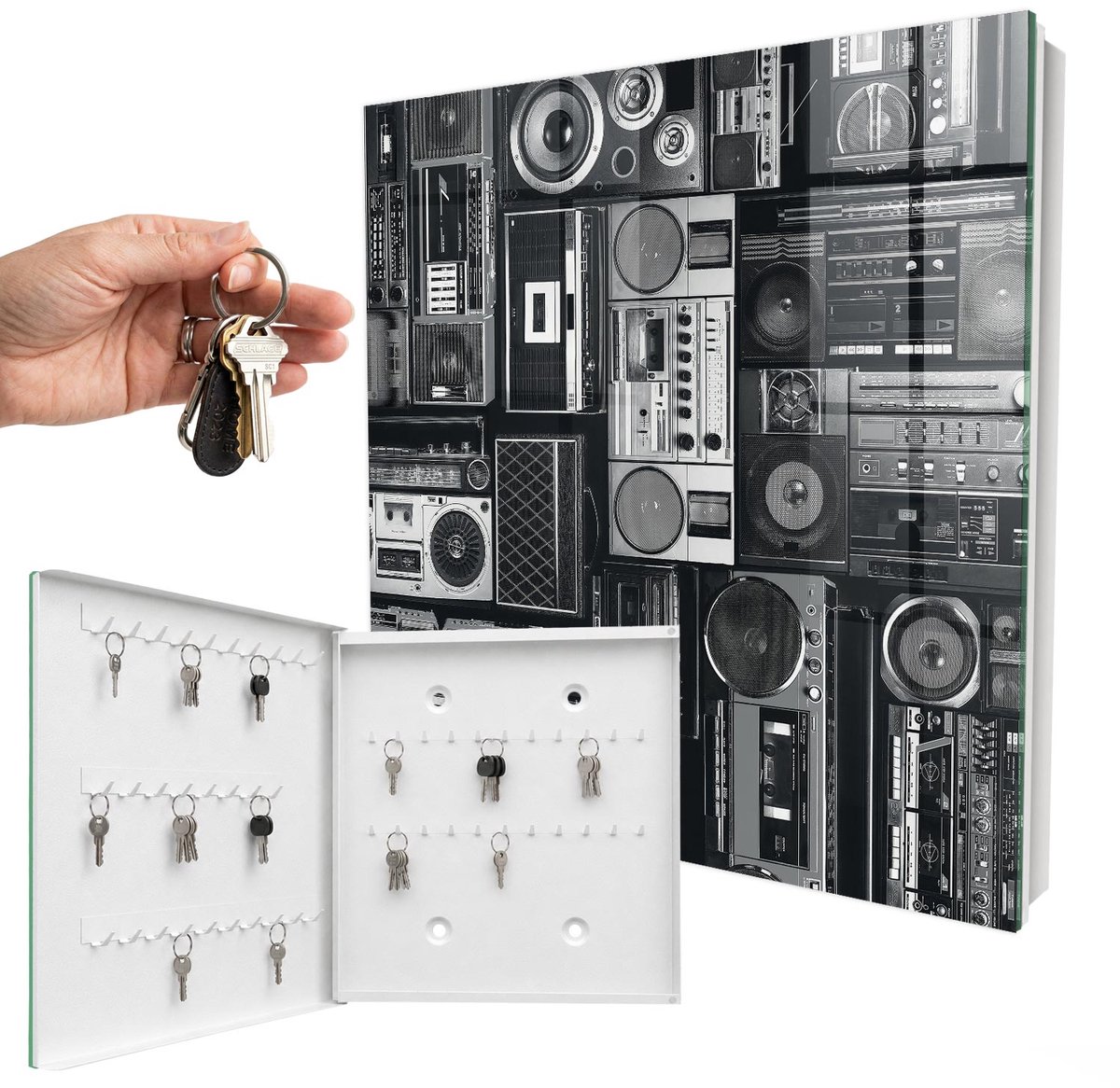 WallMuralia - Sleutelkast - 30x30x5 cm - met 50 haken - Muzikale Nostalgie Sleutelkastje Klein - Zwart-Wit Sleutelbox - Linksopenend - Wit interieur
