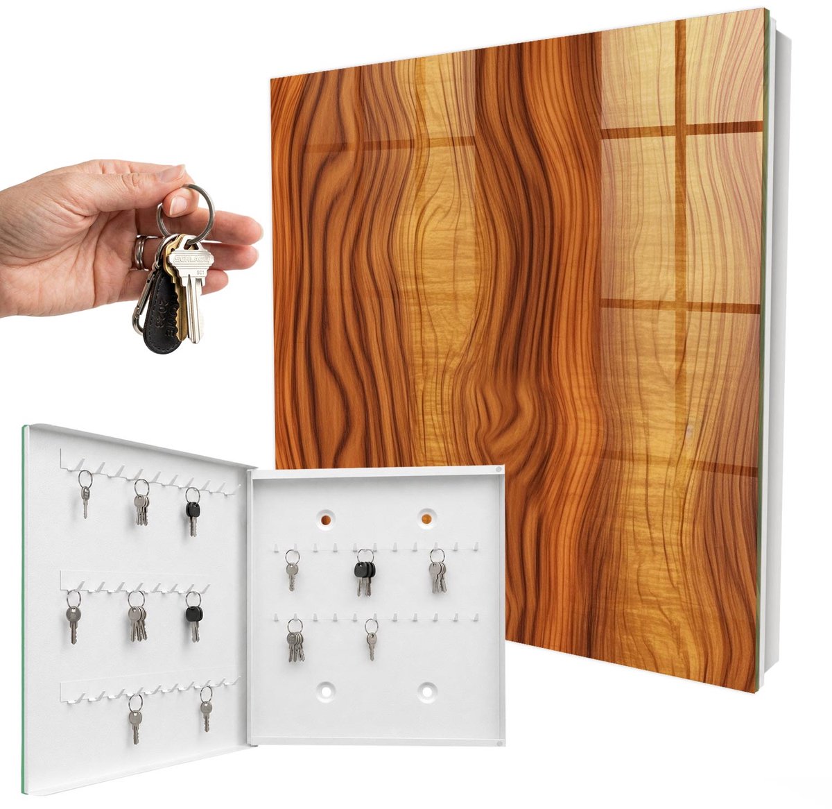 WallMuralia - Sleutelkast - 30x30x5 cm - met 50 haken - Houten Golven Sleutelkastje Muur - Bruin Sleutelbox - Linksopenend - Wit interieur