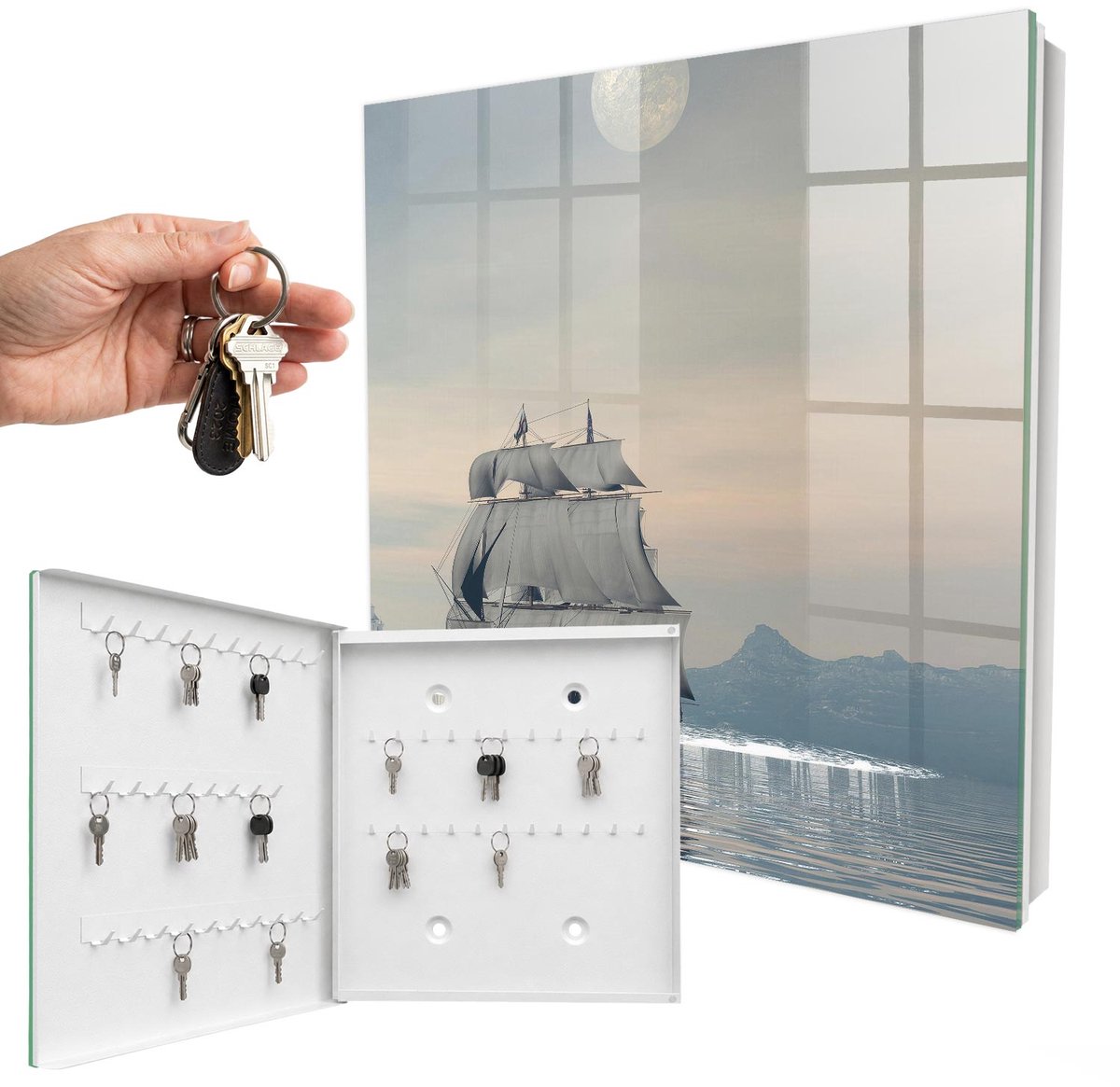 WallMuralia - Sleutelkast - 30x30x5 cm - met 50 haken - Zeecruise Sleutelkastje - Grijs Sleutelbox - Linksopenend - Wit interieur