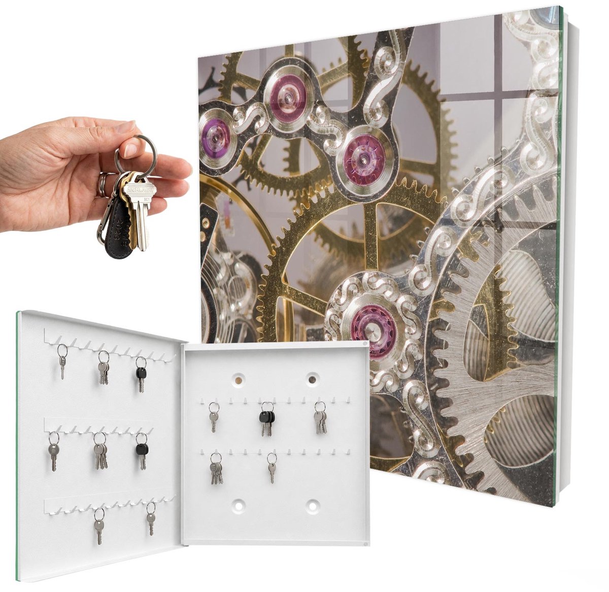 WallMuralia - Sleutelkast - 30x30x5 cm - met 50 haken - Mechanische Elegantie Design Sleutelkastje - Grijs Sleutelbox - Linksopenend - Wit interieur