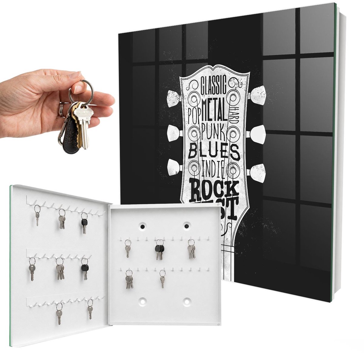 WallMuralia - Sleutelkast - 30x30x5 cm - met 50 haken - Rockfestival Leuk Sleutelkastje - Zwart Sleutelbox - Linksopenend - Wit interieur