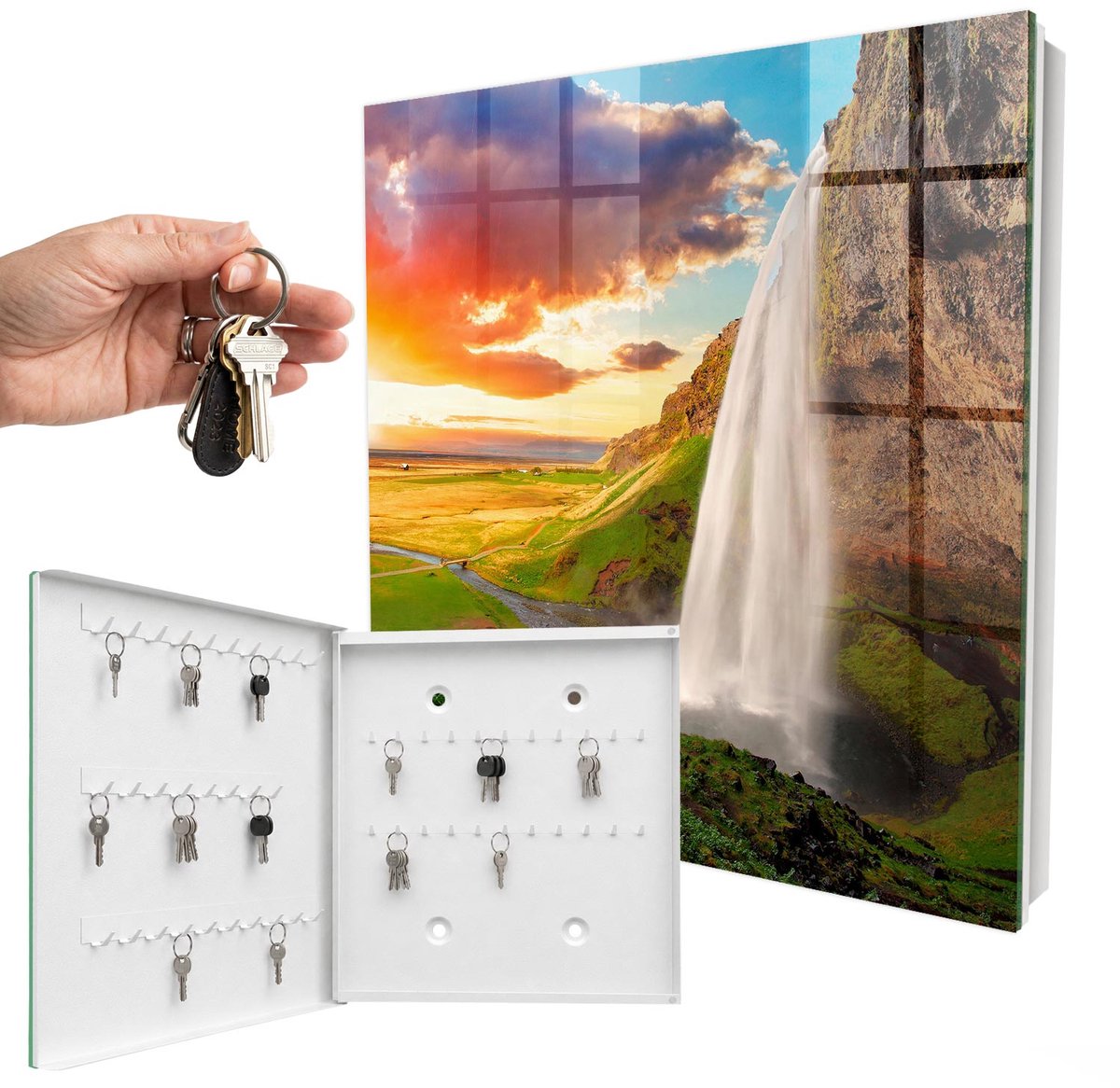WallMuralia - Sleutelkast - 30x30x5 cm - met 50 haken - Een Adembenemend Landschap Groot Sleutelkastje - Groente Sleutelbox - Linksopenend - Wit interieur