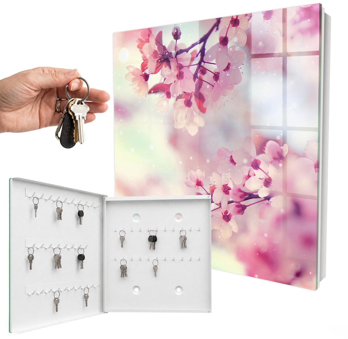 WallMuralia - Sleutelkast - 30x30x5 cm - met 50 haken - Bloemenpracht Leuk Sleutelkastje - Roze Sleutelbox - Linksopenend - Wit interieur