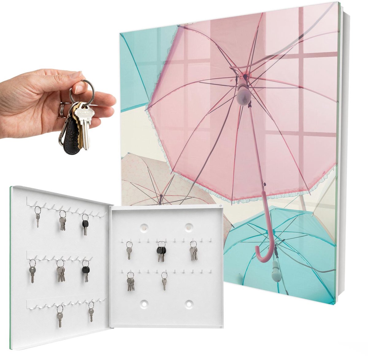 WallMuralia - Sleutelkast - 30x30x5 cm - met 50 haken - Pastelkleurige Paraplu'S Sleutelkastje Gang - Roze Sleutelbox - Linksopenend - Wit interieur