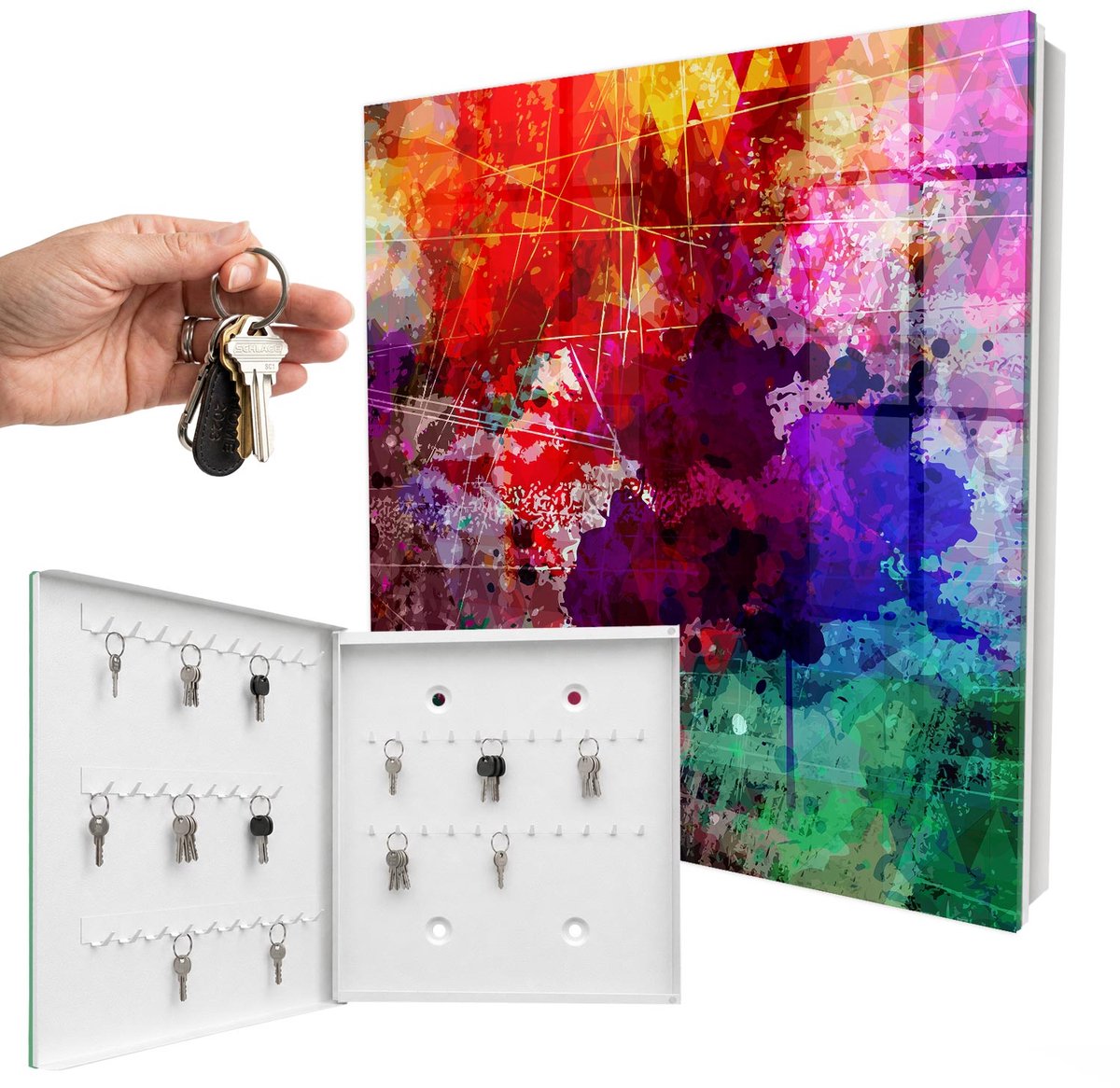 WallMuralia - Sleutelkast - 30x30x5 cm - met 50 haken - Kleurrijke Uitdrukking Leuk Sleutelkastje - Rood Sleutelbox - Linksopenend - Wit interieur