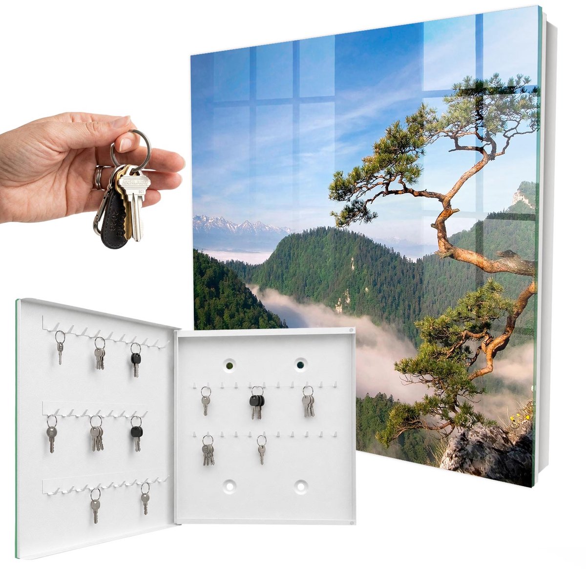 WallMuralia - Sleutelkast - 30x30x5 cm - met 50 haken - Berglandschap Sleutelkastje Design - Groente Sleutelbox - Linksopenend - Wit interieur
