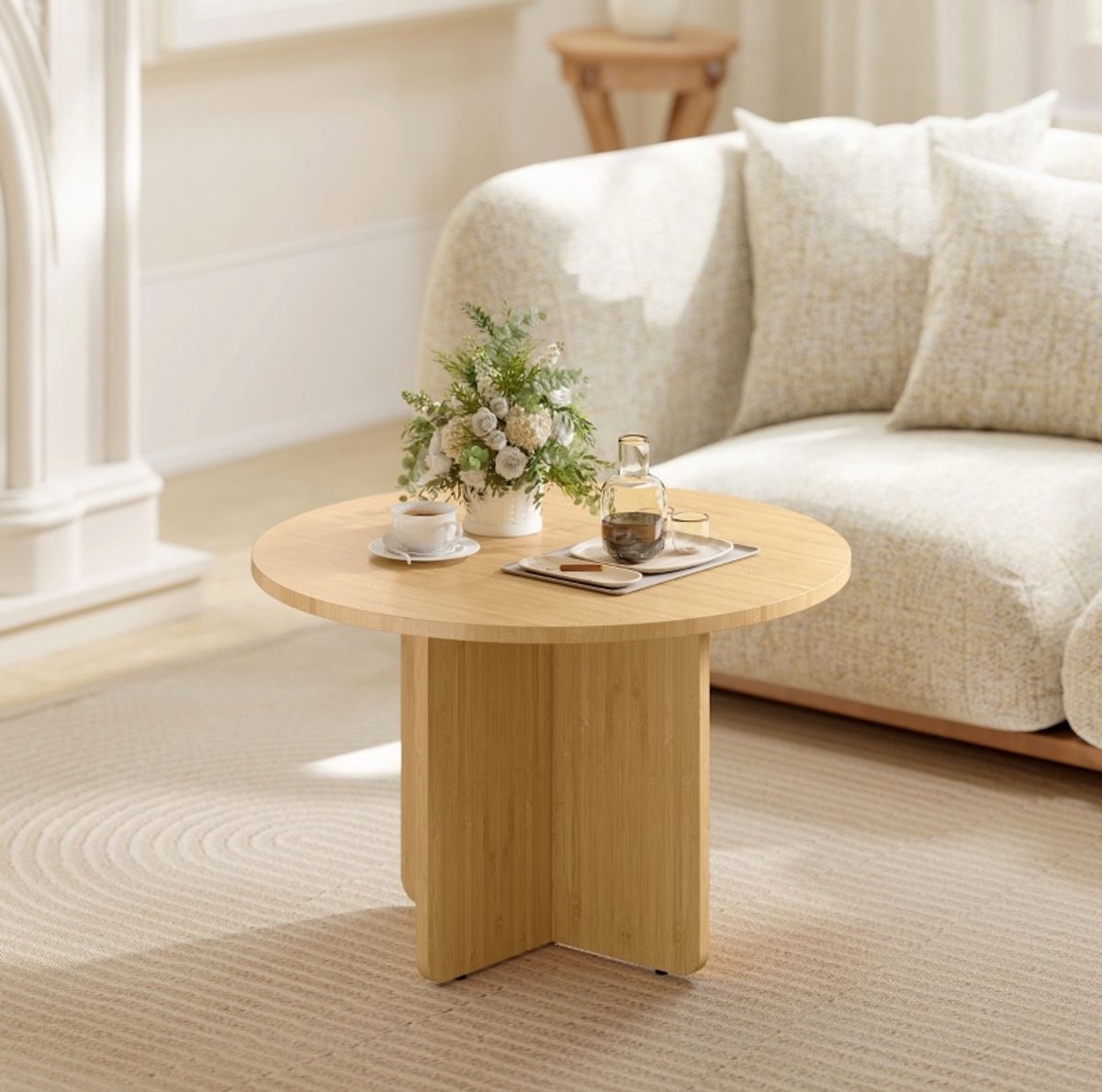 MIVRAY Salontafel - Ronde Bamboe Tafel Met Kruisvoet En Verstelbare Voetjes - Voor Woonkamer En Interieur - Natuurlijk Hout - 66 Cm