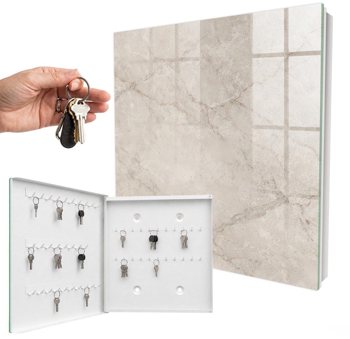 WallMuralia - Sleutelkast - 30x30x5 cm - met 50 haken - Subtiele Elegantie Sleutelkastje Voor Binnen - Beige Sleutelbox - Linksopenend - Wit interieur