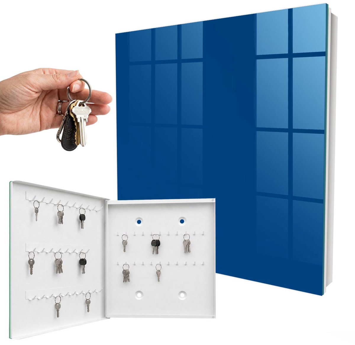 WallMuralia - Sleutelkast - 30x30x5 cm - met 50 haken - Donkerblauw Sleutelkastje Hal - Marine Sleutelbox - Linksopenend - Wit interieur