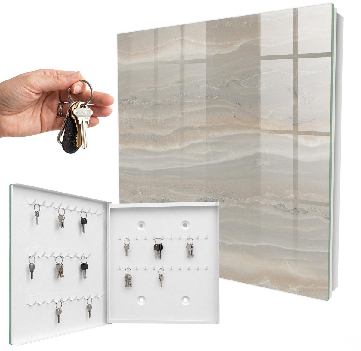 WallMuralia - Sleutelkast - 30x30x5 cm - met 50 haken - Beige Golven Design Sleutelkastje - Beige Sleutelbox - Linksopenend - Wit interieur