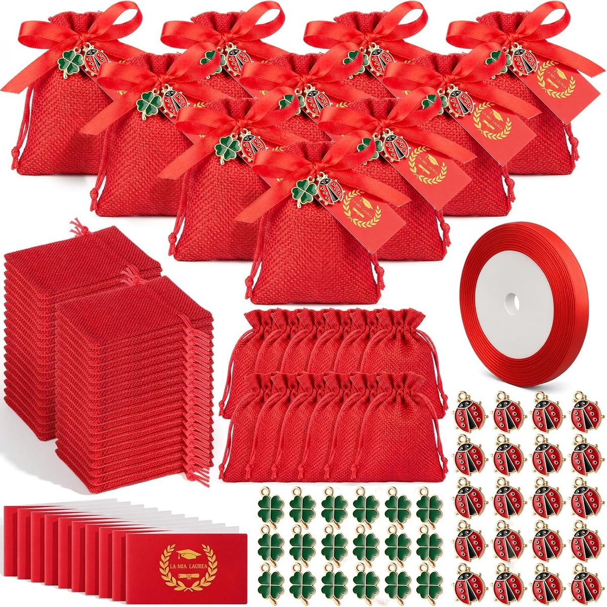 60 Sets Afstudeercadeautjes met Rode Jute Zakjes, Klavertje Vier Hangertjes en Wenskaarten voor een Onvergetelijk Afstudeerfeest