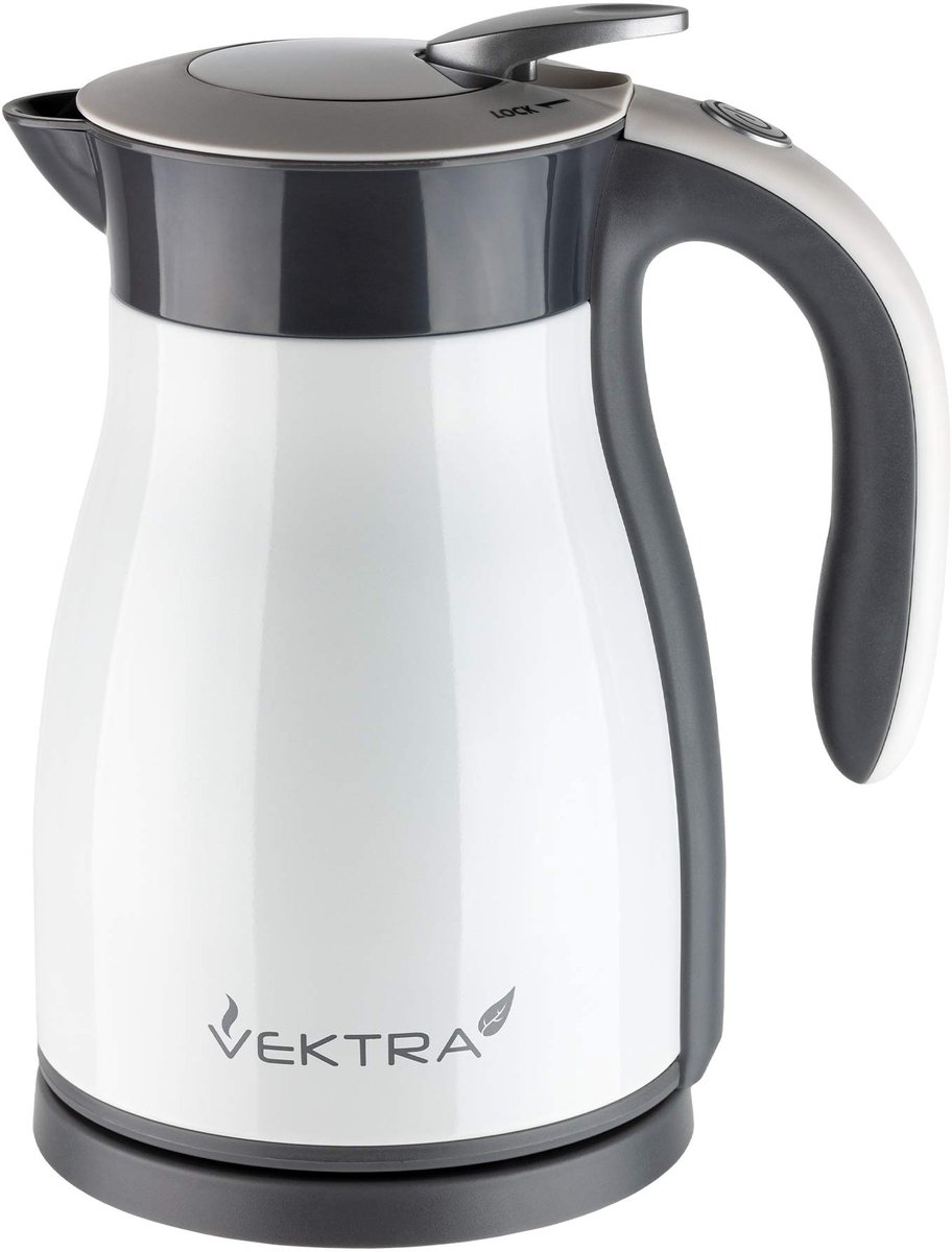 SnelShoppen - Vektra VEK-1501W Vacuüm-geïsoleerde Waterkoker 1,5 L Roestvrij Staal Wit met Warmhoudfunctie, Draadloze Veiligheidsvergrendeling, BPA-vr