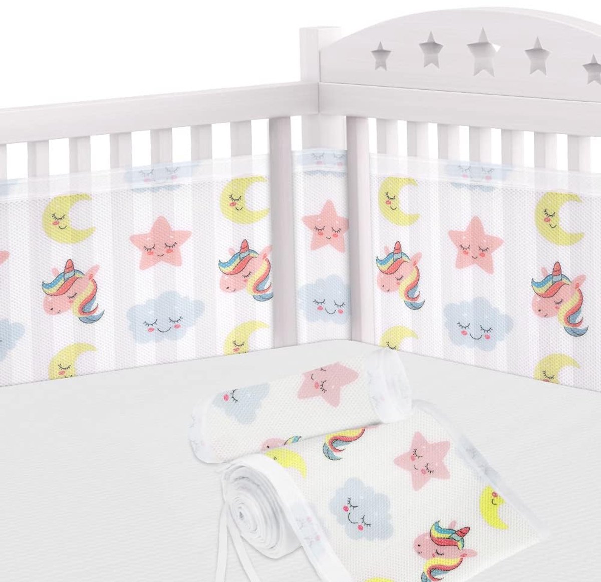 SnelShoppen - Aolso Babynestje 2 stuks, Zacht en Ademend, Kinderbed met 10 Vaste Riemen, Wasbaar, 340 cm x 30 cm + 160 cm x 30 cm, Eenhoorn met Witte