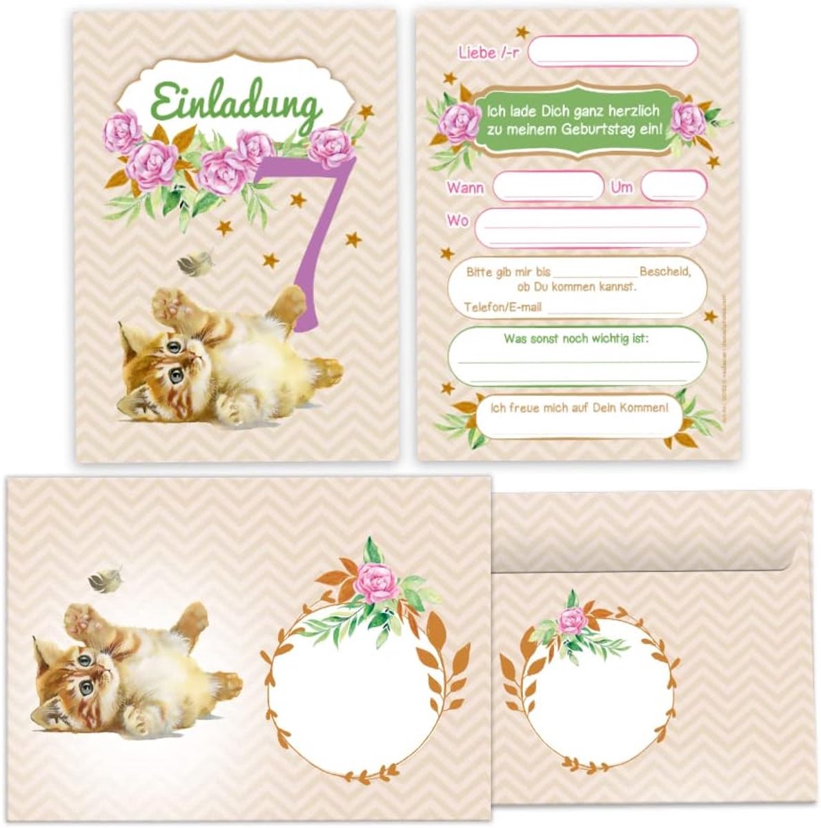 SnelShoppen - 12 Uitnodigingskaarten met 12 Enveloppen voor 7e Verjaardag Meisje Kat - 10.5x14.8 cm - Perfect voor Feestje - UV Gelakt - Zelfklevend