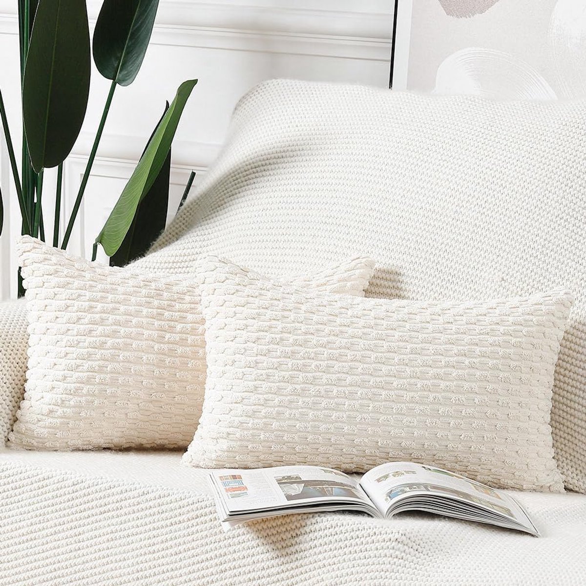 SnelShoppen - Set van 2 Corduroy Boho Kussenhoezen Zacht Decoratieve Kussenhoes voor Bank Slaapkamer 40x80cm Crème Wit