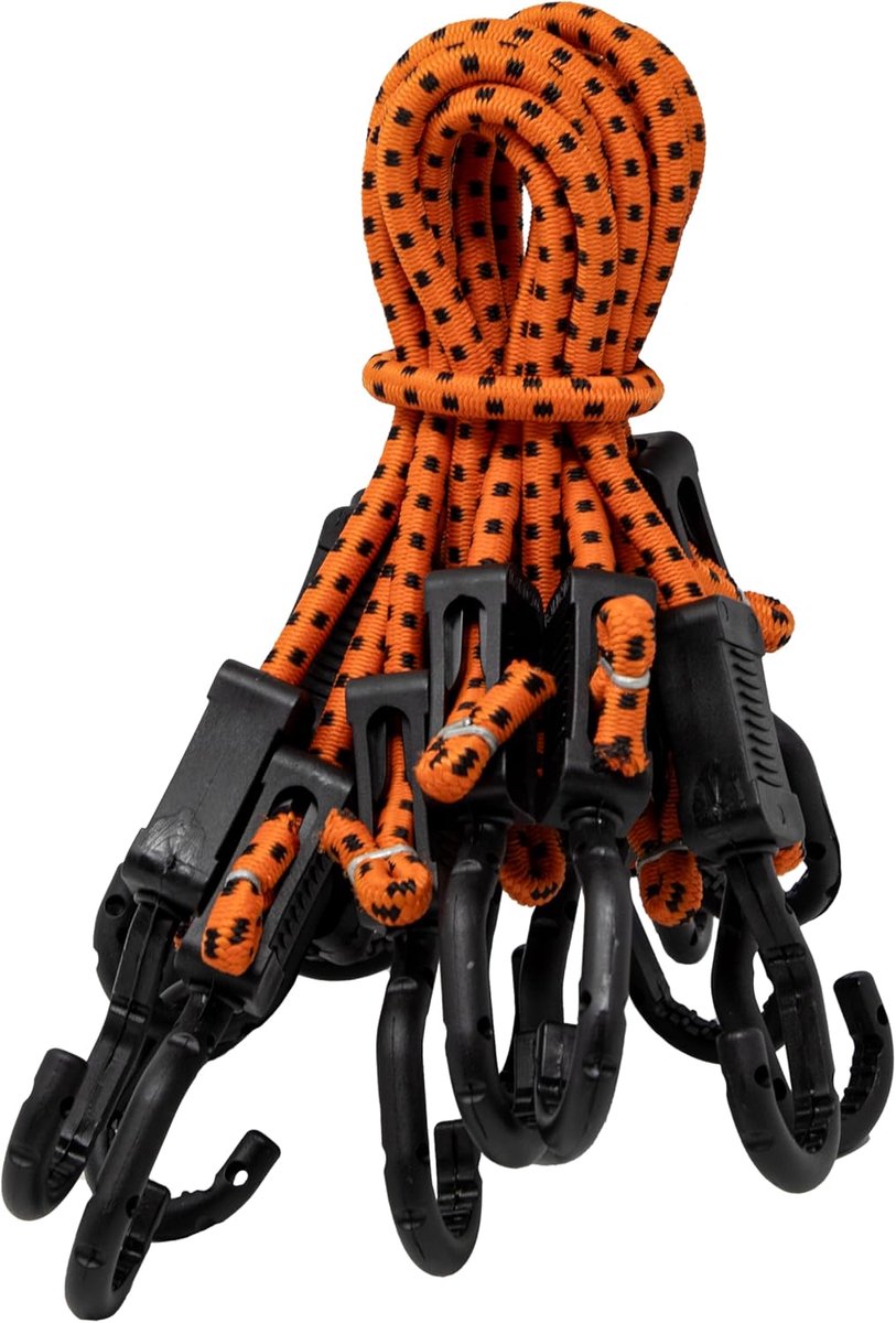 SnelShoppen - Verstelbare Bungee Koorden met Haken 45cm - Set van 10 - Oranje/Zwart - Ideaal voor Camping, Tuin, Vervoer en Huishoudelijk Gebruik