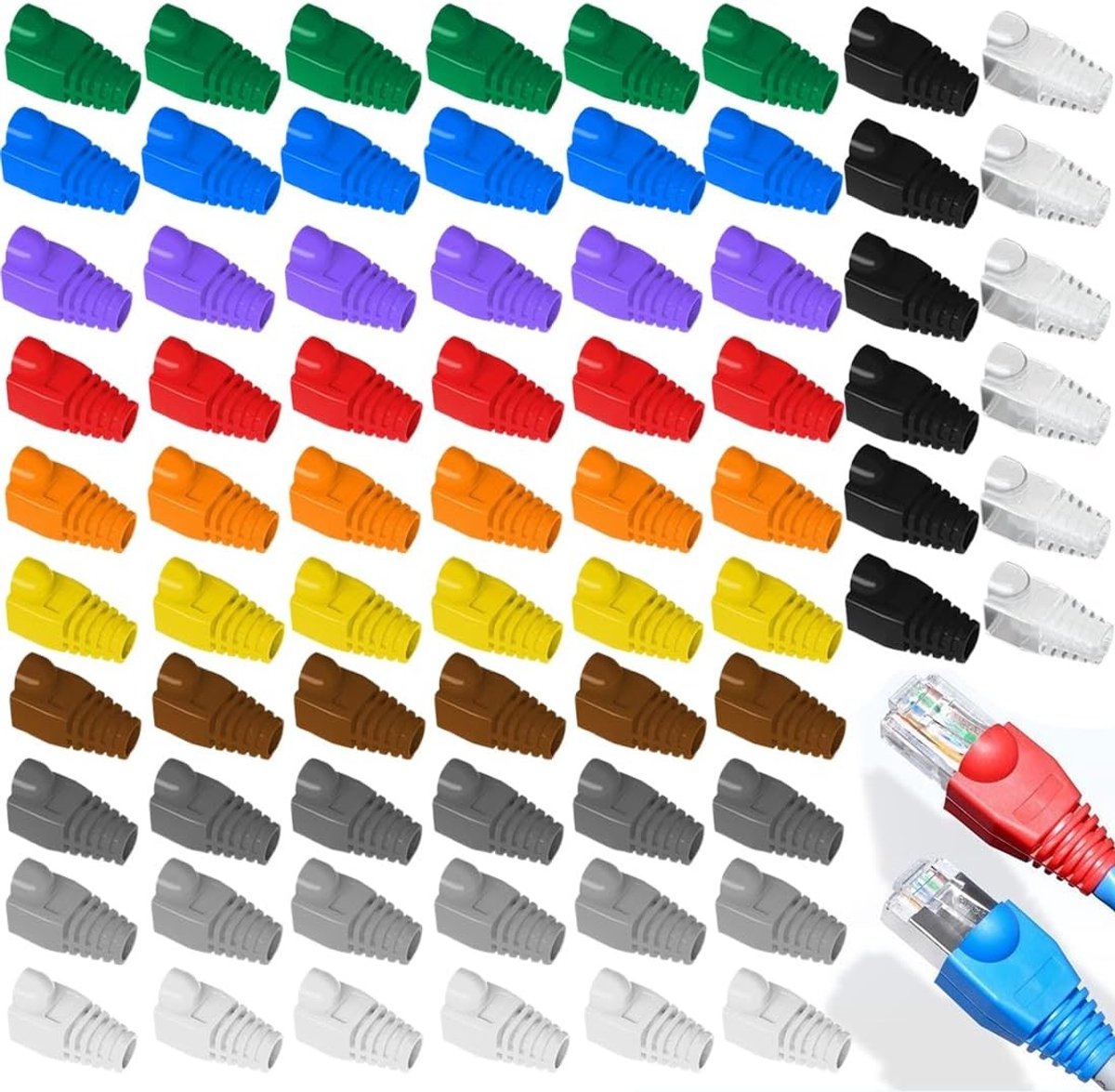 Set van 72 Ethernetkabelbeschermers in 12 kleuren - Kabelbescherming, Strain Relief en Organisatie