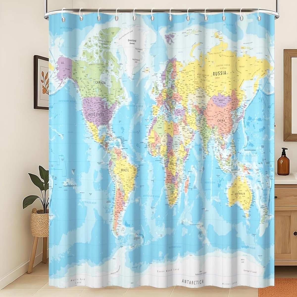 SnelShoppen - Wereldkaart Douchegordijn Blauw Oceaan Continenten Badkamer Gordijn Onderwijs Waterdicht Polyester 120x200cm