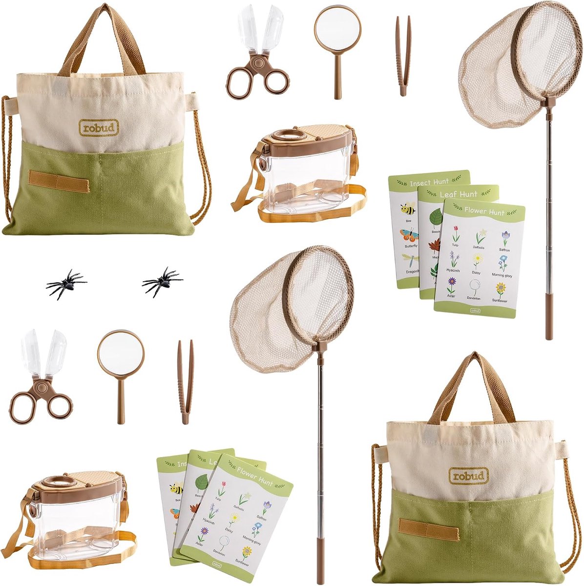SnelShoppen - Verkenningsset voor buiten, 2 stuks, avonturenspellen met vlindernetten, insectendozen, transporttassen, natuurspeelgoed, groen, voor ki