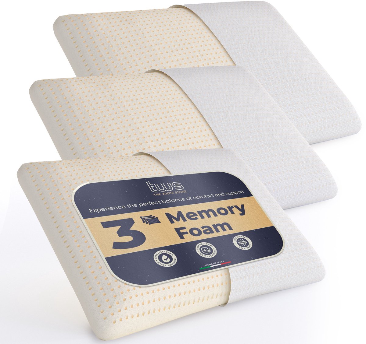 White Stone The White Stone Set van 3 Memory Foam Kussens 40 x 70 cm | Hoogte 11 cm | Hypoallergeen, Ergonomisch en Ademend Nekkussen | Anti-stikfunctie en Verkoelend Bianco