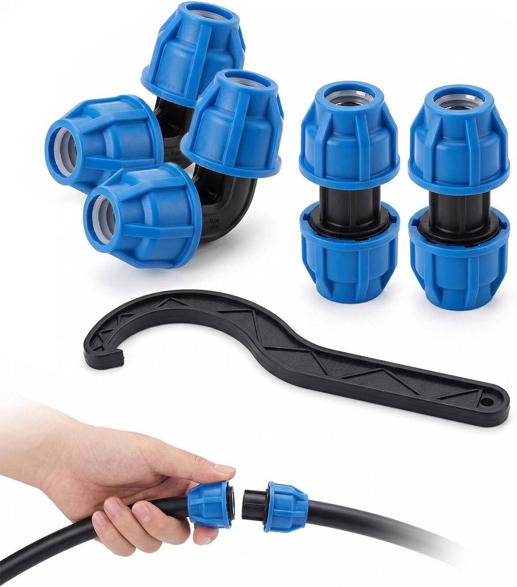 Set met 2 bogen van PE + 2 PE-koppelingen + 1 montagesleutel verbindingen van hogedruk-polyethyleen voor tuinirrigatie 20 mm