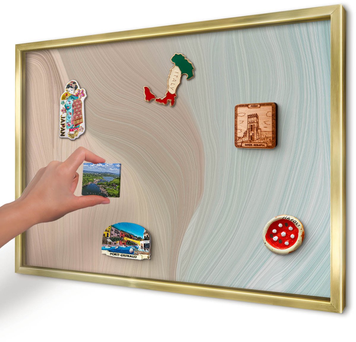 Artprintcave Beige Magneetbord mit Gouden Frame - 60x40 cm - Pastelkleurige Werveling Magneetbord Voor Foto's - Abstract Magneetbord Voor Keuken - Abstractie