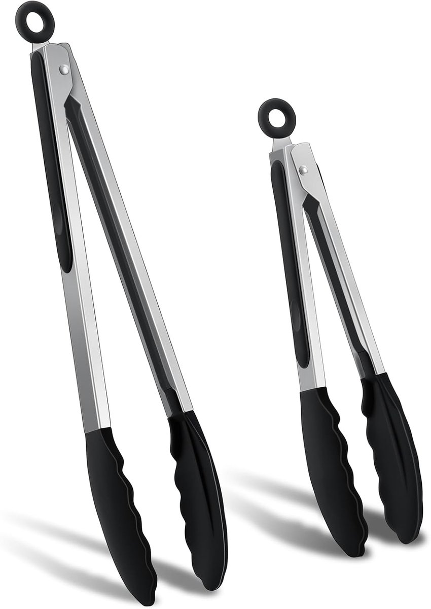 Grilltang, 2 stuks, roestvrij staal, met siliconen punt, 33,5 cm en 26,5 cm, vleestang, kooktang voor koken, grillen, hittebestendig en vaatwasmachinebestendig - zwart