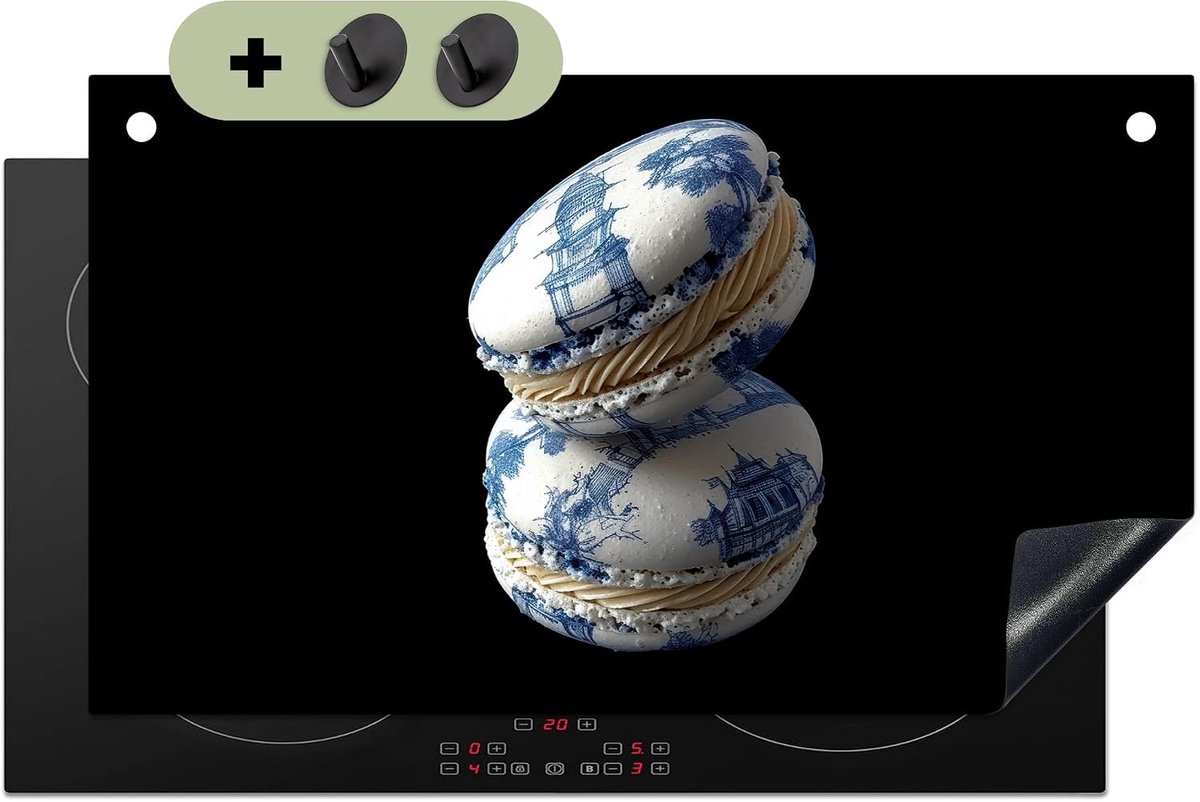 SnelShoppen - Inductiekookplaat Beschermer 52.5x91.7cm - Antislip Mat met Macarons en Delfts Blauw - Keuken Bescherming en Decoratie