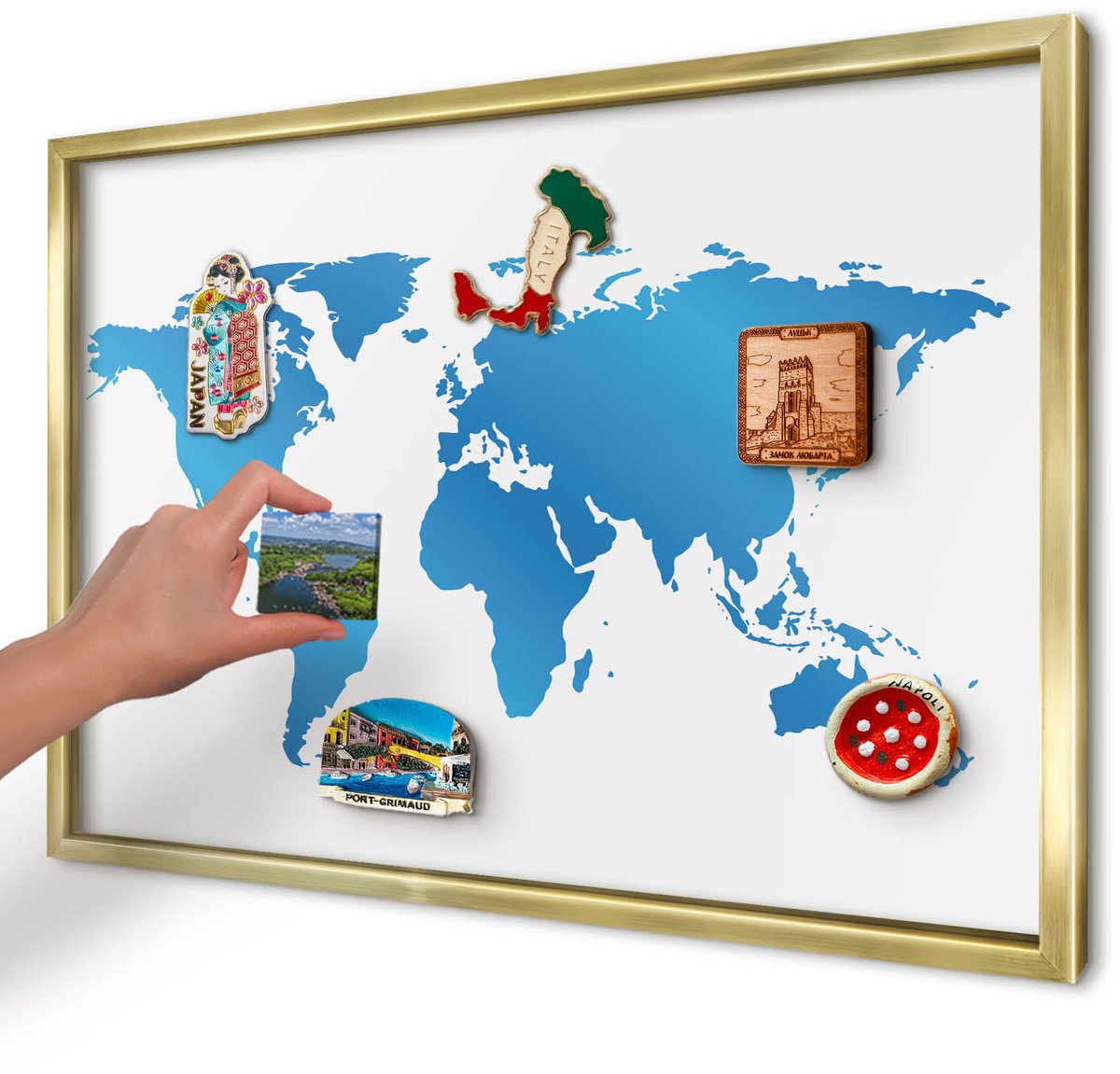 Artprintcave Blauw Magneetbord mit Gouden Frame - 60x40 cm - Wereldkaart Magnetisch Bord - Modern Magnetisch Bord Voor Magneten - Kaarten
