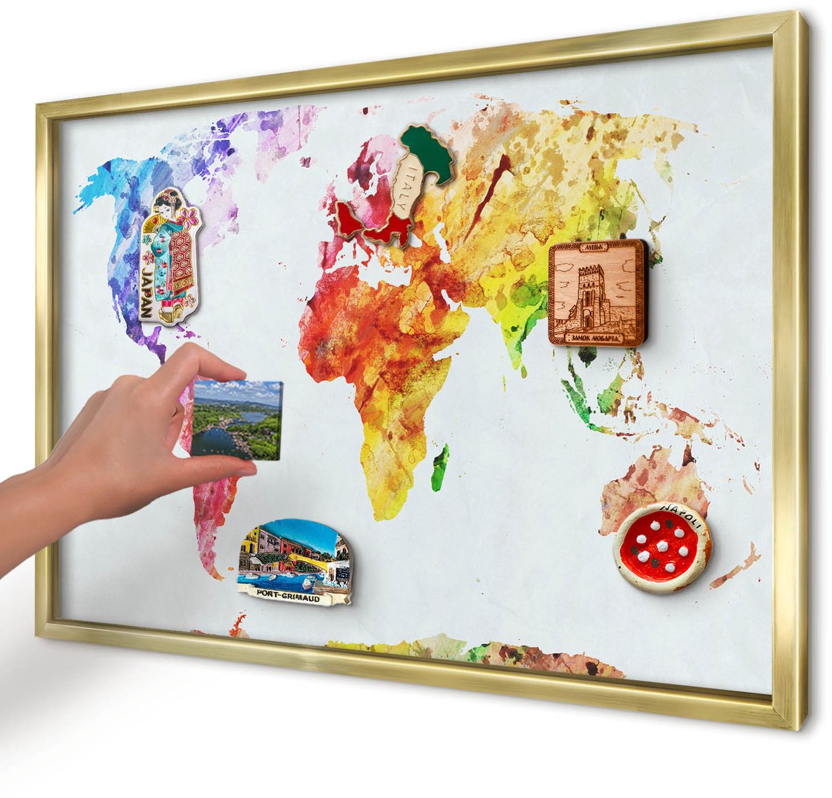Artprintcave Geel Magneetbord mit Gouden Frame - 60x40 cm - Kleurenkaart Magneetbord Voor Keuken - Waterverf Wandbord Magnetisch - Kaarten