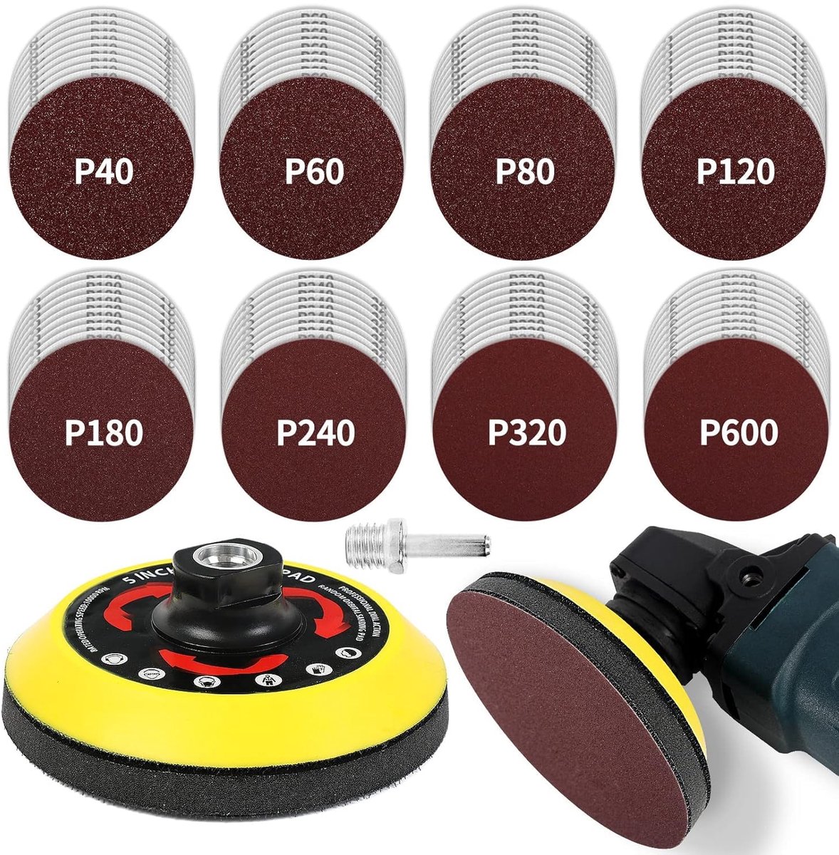 schuurschijvenset 125 mm Klett voor haakse slijpers - 80 stuks schuurpapier met M14 schuurschijf en schacht - Haakse slijpers accessoires voor hout en metaal - Verbeterde versie