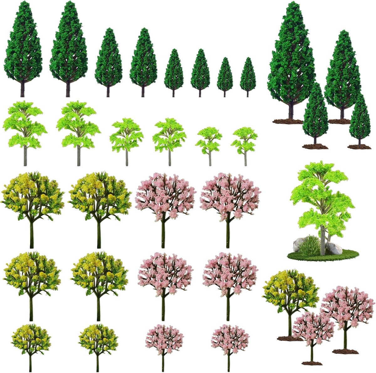 SnelShoppen - Mini Model Bomen, 26 Stuks Verschillende Modelbouw Bomen, Miniatuur Diorama Bomen voor DIY Miniatuurlandschap en Modelspoor Scène Constr