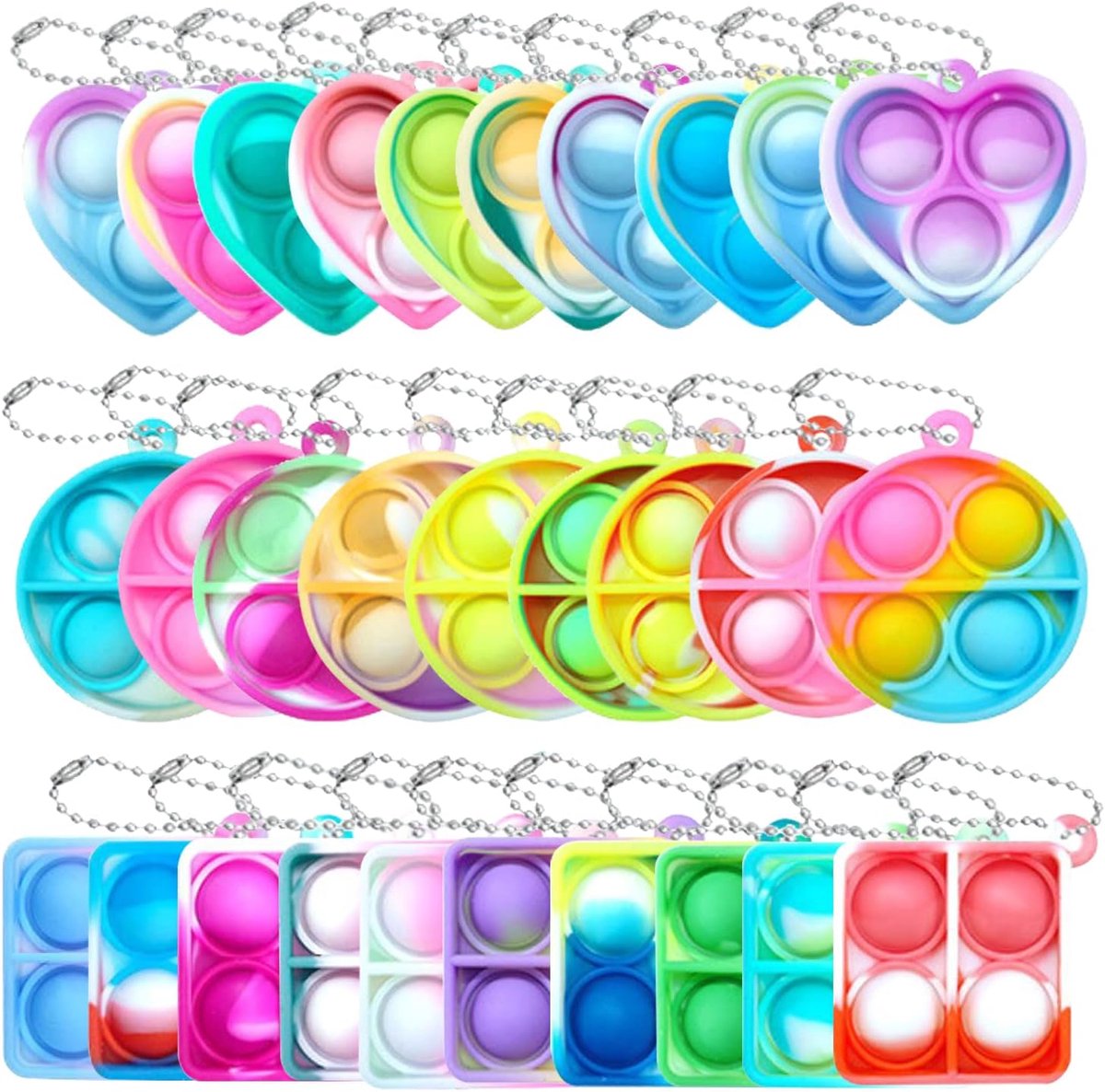 30 stuks mini siliconen sleutelhangers, speelgoed, Pop Push It Fidget Toy, Mini siliconen sleutelhanger, knijpen Poppet Bubble Finger Toys stress vermindering anti-angst voor kinderen en