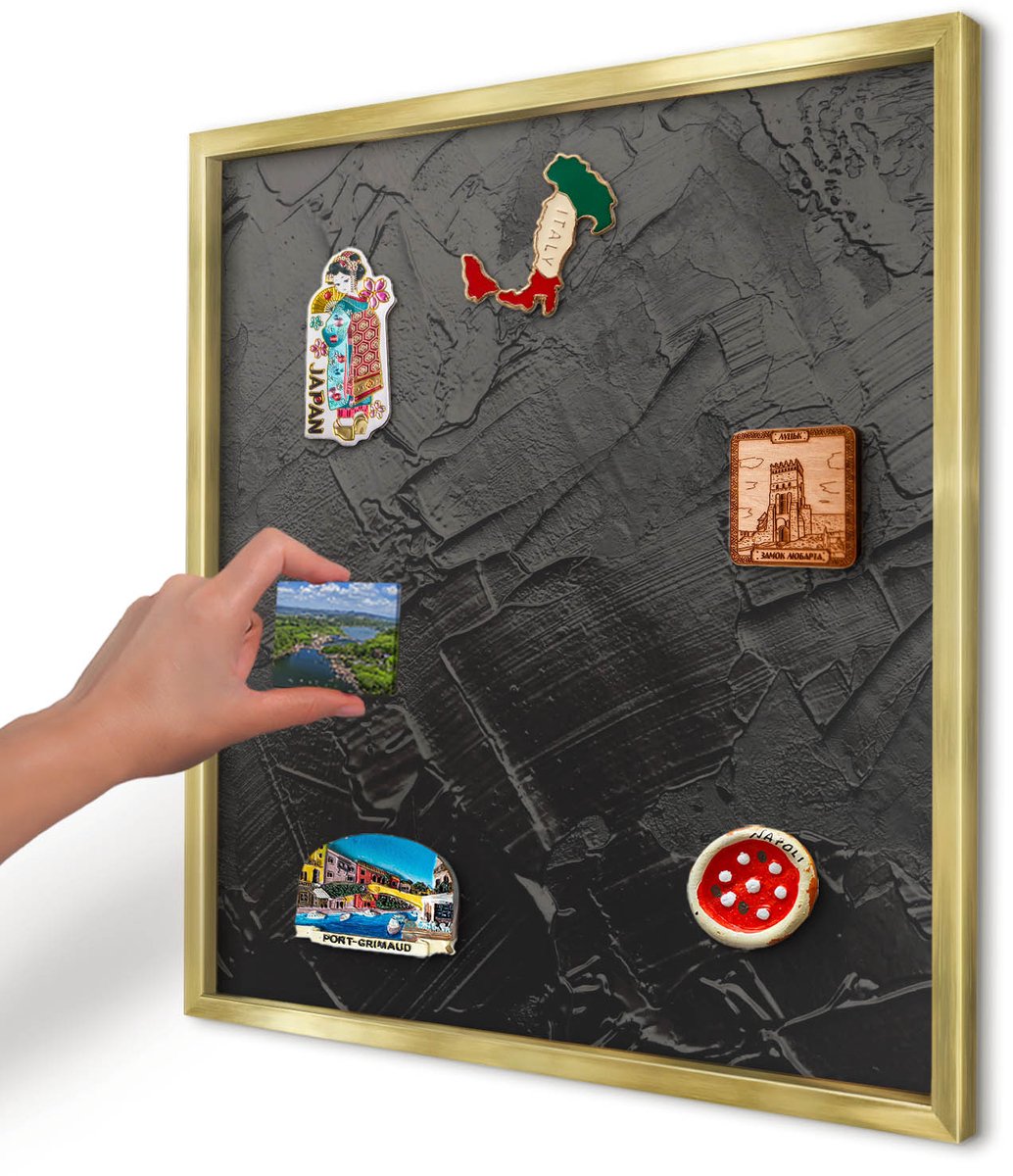 Artprintcave Zwart Magneetbord mit Gouden Frame - 50x50 cm - Gestructureerd Zwart Notitiebord - Abstract Memobord Keuken - Abstractie